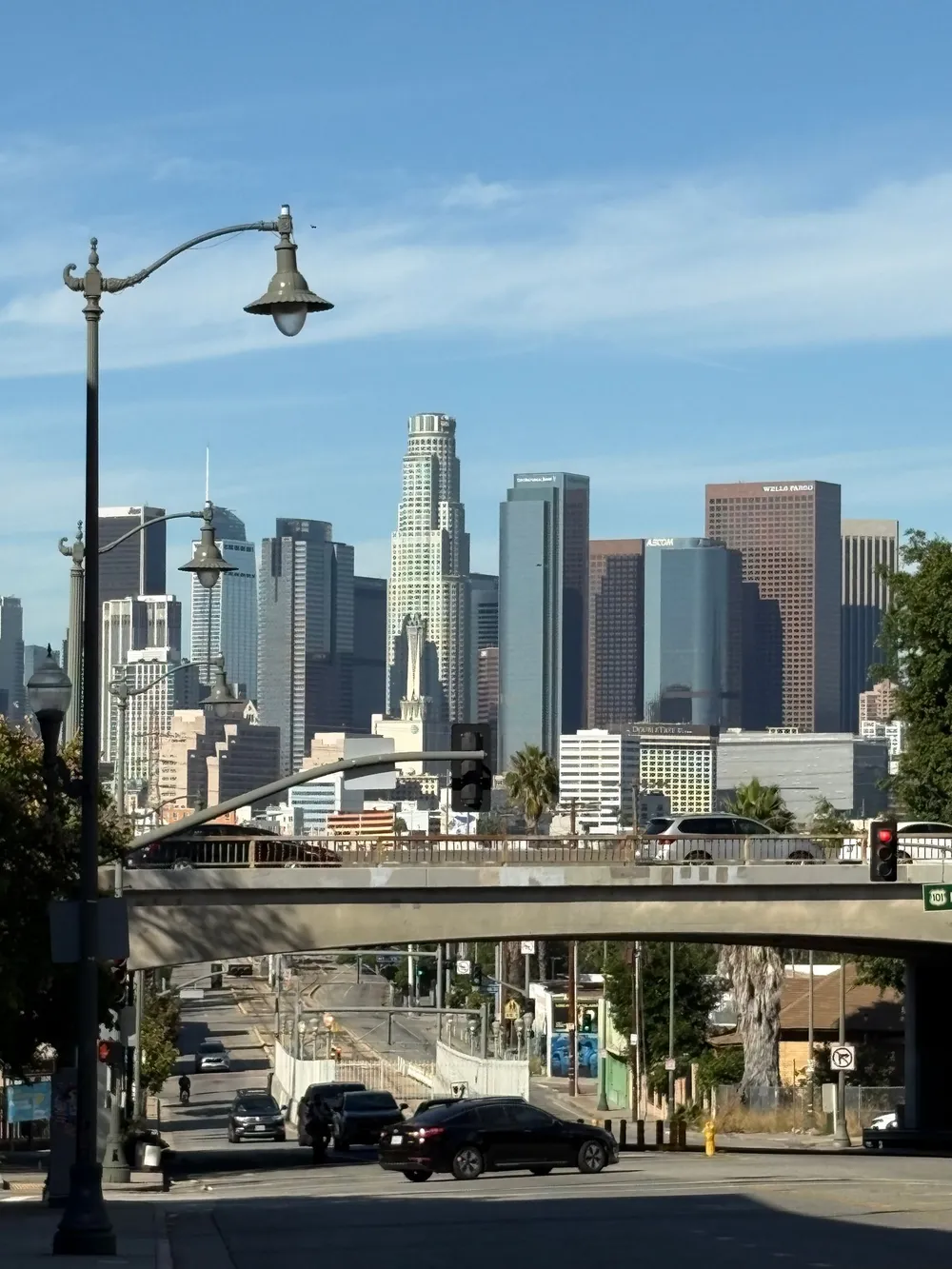 Downtown Los Angeles skyline seen from a city street